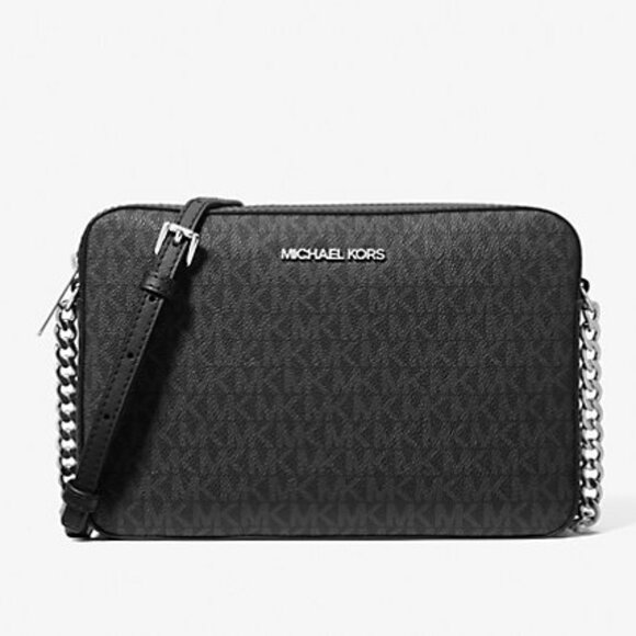 New Michael Kors Jet Set Large Logo Crossbody Bag Black - Picture 1 of 3